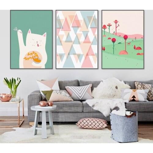 Nordic Window Canvas Painting Cartoon Cat Pink and Blue Geometry Modern Wall Art Posters For Living Room Bedroom Home Decoration