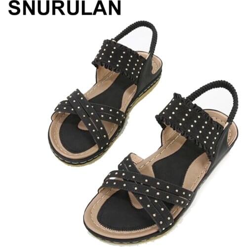 SNURULAN Women Shoes Summer National Style Ladies Sandals Beach Travel Bohemian Rivet Plus Size Flat Shoes Female