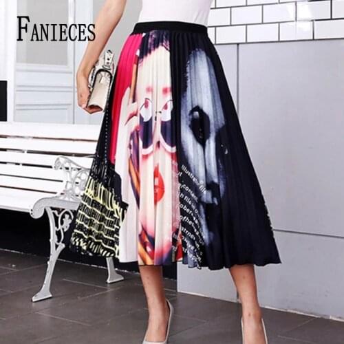 Midi skirt midi jupe skirts elastic high waist cartoon print pleated skirt Wholesale droppshopping mujer faldas женские юбки