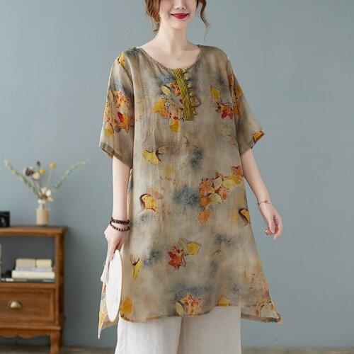 Women Cotton Linen Long T-shirts New 2021 Summer Vintage Style Floral Print Loose Comfortable Female Casual Tops Tees B765