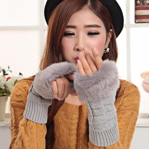 Women winter warm faux rabbit fur glove thick long glove knitted semi-finger gloves 5 color to choose cute fashion winter glove