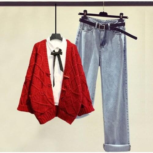 Women 2021 Autumn Fashion Two Piece Sets Female Loose Thick Sweater Cardigan Coats Ladies Highi Waist Wide Leg Pants Suits P178