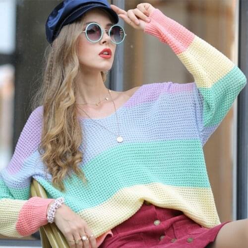 Womens Rainbow Striped Sweater Autumn Winter Females V-Neck Long Sleeve Loose Patchwork Knitted Shirts Ladies Pullover Tops