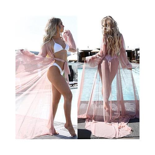 3 Colors Long Sleeve Women Long Bikini Swimwear Cover Up Beach Dress See Through Bathing Top