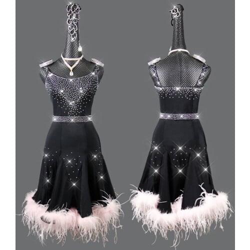 Latin Dance Dress Performance Costume Rhinestone Feather Women Summer Tango Dancing Professional Competition Clothing VDB3855
