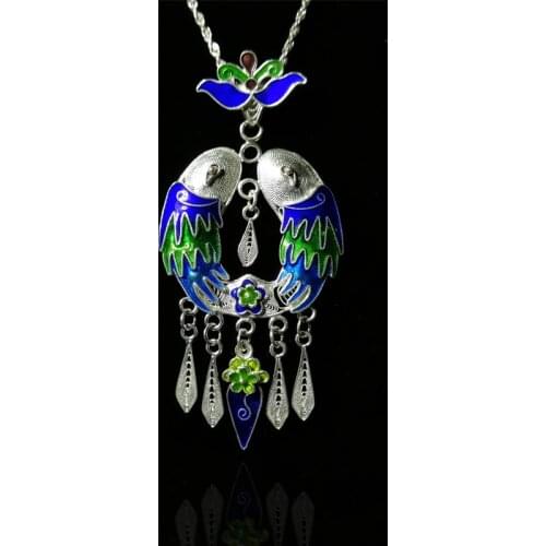 Blue Fish 999 Sterling Silver Pendant Necklace Women Charms Cloisonne Enamel Necklaces Pendants Handmade Luxury Jewelry Vintage