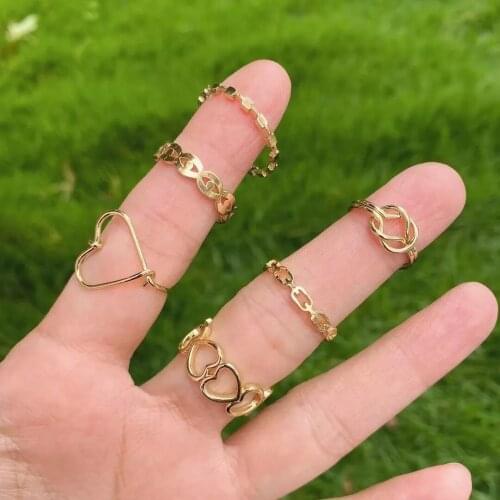 10Pcs New Arrive Gold Color Heart Rings Wedding Metal Copper Ring For Women Korean Style Heart Multilayer Rings Jewelry