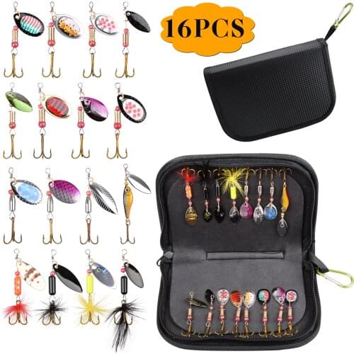 16pcs/Bag Fishing Lures For Bass Spinner Lures With Portable Carry Bag Bass Lures Trout Lures Hard Metal Spinner Baits Kit