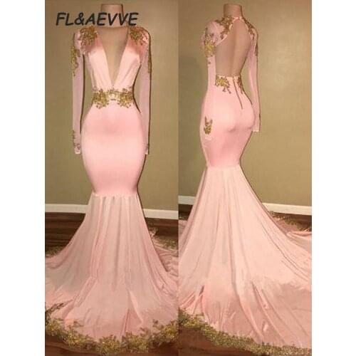 2020 Mermaid Evening Dresses Backless V-neck Sweep Brush Train Long Sleeves Silk like Satin Applique Evening Prom Party Dresses