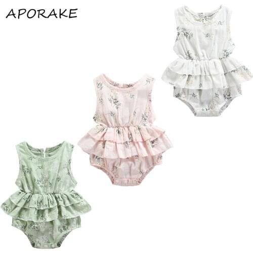 2021 0-24M Summer Infant Baby Girl Layered Jumpsuit Sweet Floral Print Sleeveless Tunic Tutu Romper Playsuit Soft Cotton Clothes