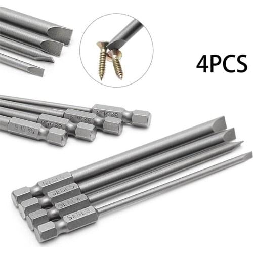 4Pcs 100mm Slotted Screwdriver Bit 3mm-6mm S2 Magnetic Flat Head 1/4\\\" Hex Shank Hand Tools Screwdriver Drill Bit Set Hot