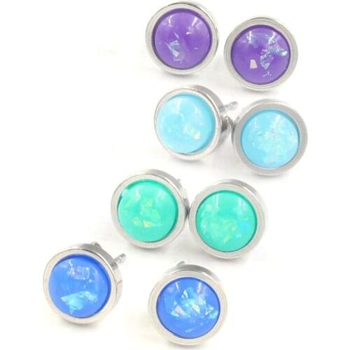 8Seasons Stainless Steel & Opal Ear Post Stud Earrings Silver Color Colorful Round Foil Romantic Earrings 8mm Dia., 1 Pair