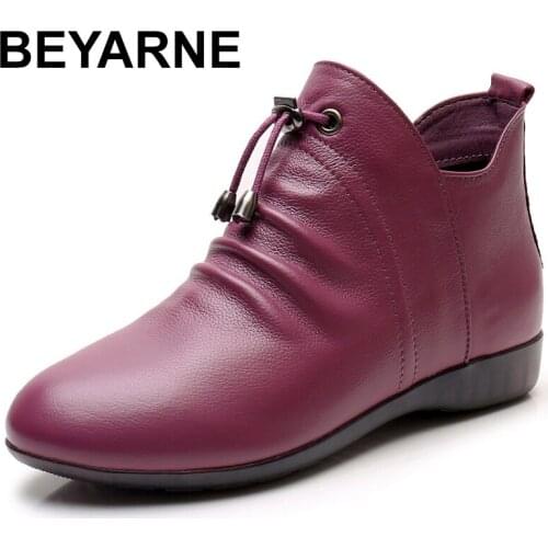 BEYARNE Fashion Women Boots Autumn Genuine Leather Boots Ankle Boots 2020 Winter Warm Plush Fur Women Shoes Plus Size 43