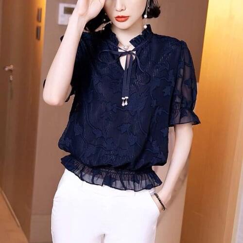 Womens Spring Summer Style Chiffon Blouses Shirt Womens Solid Color Short Sleeve Lace Up Korean Elegant Lace Tops DD8662