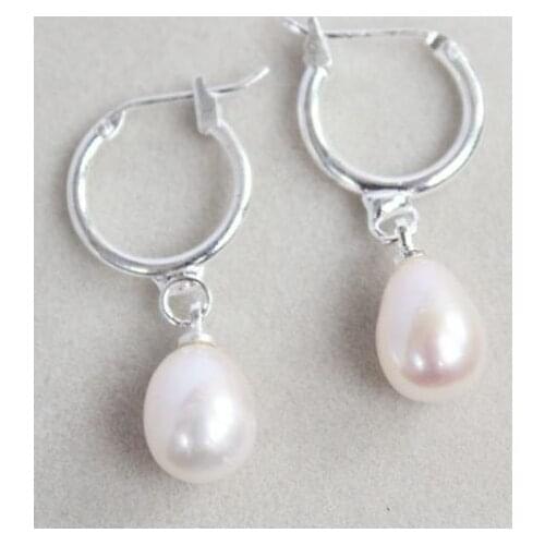 Natural women Unique Drop Shape 8-10mm freshwater culture White Pearl Earrings 925 hook wholesale [pair] earrings
