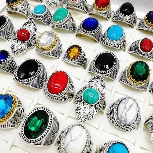 Fashion 20 Pieces/Lot Natural Pine Stone Rings Crystal Band Large Size Antique Silvery Charm Jewelry Womens Men Party Gifts