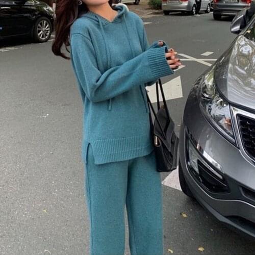 Elegant Blue Woolen Pants Sets Woman Winter Hooded Sweater and Wide Leg Pants Female Korean Fashion Loose Knitted 2 Sets Autumn