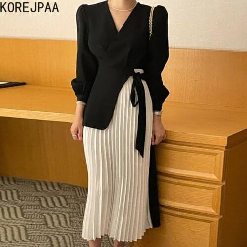 Korejpaa Korea Patchwork Dress Women Autumn Elegant Fake Two Piece Cross V-neck Long Sleeve Bandage Side Pleated Long Dresses