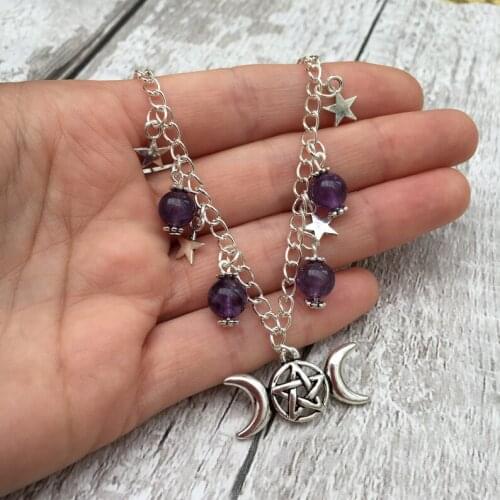 March Opal, Amethyst, Rose Quartz, Lava Necklace-Pentagram Necklace-Pagan-Wicca-Witch Jewellery