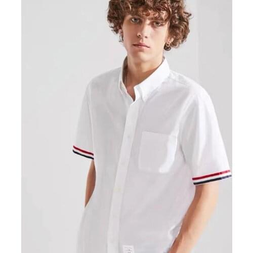 TB THOM Brand Shirt Short Sleeve Men Cotton Casual Fashion Summer Stripe Oxford Fabric Korean Design Top High Quality