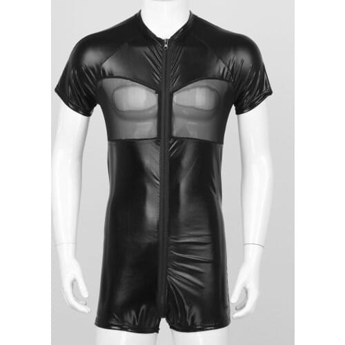Men Lingerie Bodysuit Black Sexy Mesh Patchwork Skin-Tight Leotard Short Bodysuit Erotic Catsuit Fetish Gay Costumes Clubwear
