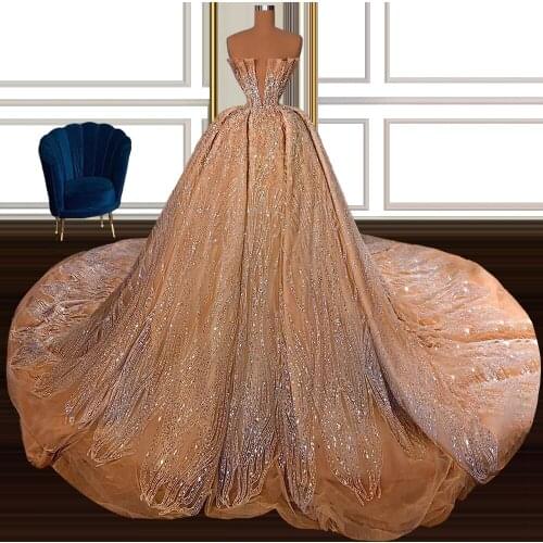 2021 New long train Glitter A-line Orange Dubai Wedding Dresses Islamic Turkish Strapless Bridal Dress