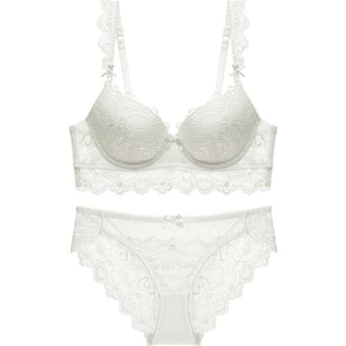 New White Underwear Set Women Bra Push Up Brassiere Cotton Thick Black Gather Sexy Bra Panties Sets Embroidery Lace Lingerie Set