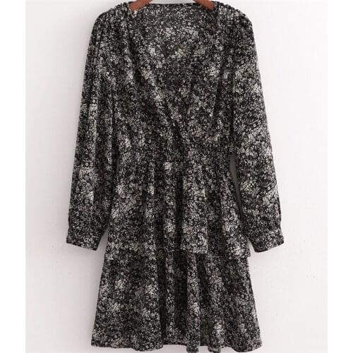 ZXQJ Women 2021 Fashion Waist Double Layer Cake Print Ruffle Mini Dress Vintage V－Neck Long Sleeve Female Dresses Vestidos Mujer