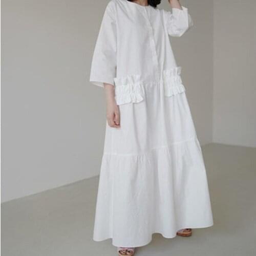 L2021 Round Neck Three Quarter Sleeves Linen And Cotton Pullover Ruffles Pocket Shirt Dress Big Size Vestido Z521