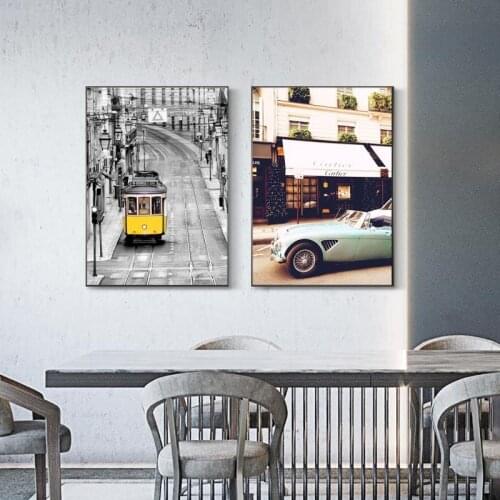 Retro Car Street Picture Home Decor Canvas Wall Art Vintage City Street Landscape Paintings Posters for Living Room No Frame