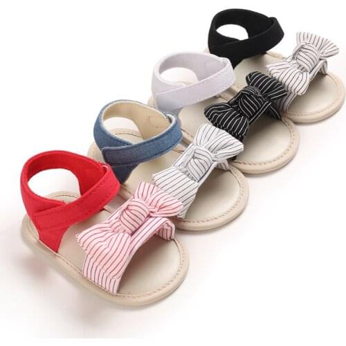 FOCUSNORM 4 Colors Infant Baby Girls Boys Striped Bow Sandals Soft Sole Non-Slip Open Toe Flat Shoes Infant Shoes