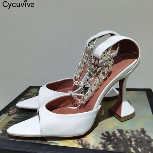 Summer Crystal Women Sandals High Heel Pointed Toe Chain Slingback Mules Gladiator Sandals Brand Runway Ladies Party Dress Shoes