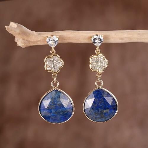 Zircon Pave Flower Heart Pin Blue Faceted Stones Drop Earrings