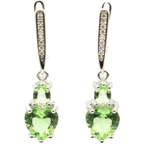 SheCrown Heart Shape Created Green Tsavorite Garnet White CZ Gift For Sister Silver Earrings 34x8mm