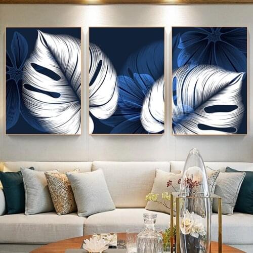 Blue White Plant Leaf Posters Painting on Canvas Abstract Nordic Art Wall Decorative Pictures for Living Room Home Decoration