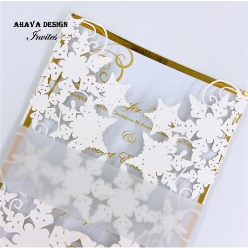 Ivory Snowflake Laser Cut Wedding Invitations with Laser Floral Pocket&Envelopes {Free Infinite Design Before Pay