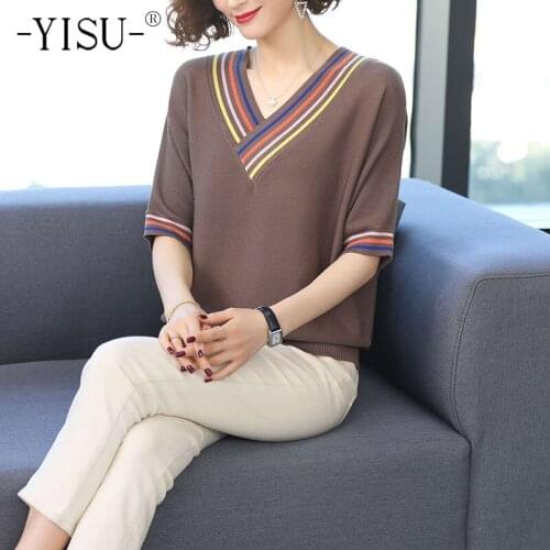 YISU Summer Loose Sweater O-Neck Middle sleeve Jumper Female Tops Thin Stripe Casual Knitted Pullover Woman clothing