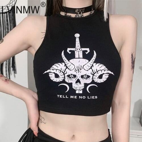 LVINMW O Neck Skull Print Casual Gothic Tank Tops Letters Slim Basic Sleeveless Crop Top Personalized Chic Black Woman Outfits