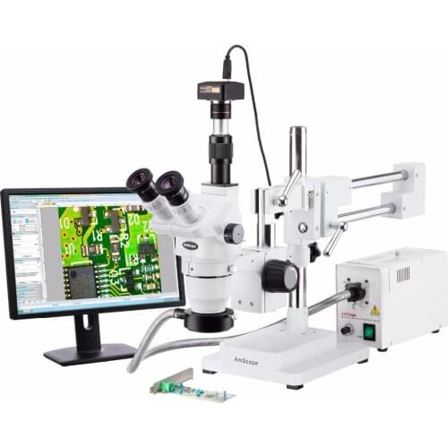 AmScope 2x-225x Trinocular Boom Stand Stereo Zoom Microscope + 9MP Camera