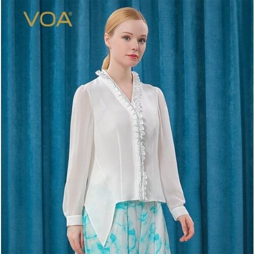 VOA Spring/Autumn Silk Tops White V-Neck Single Breasted Tuxedo Shirts Long Sleeve Women Shirt Womens Clothing 2021 BE315