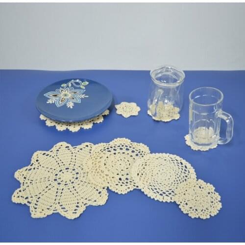 Handmade Crochet Placemat Coaster European Pastoral Retro Nostalgic Pure Cotton Hollow Woven Lace Multi-size White Tablecloth