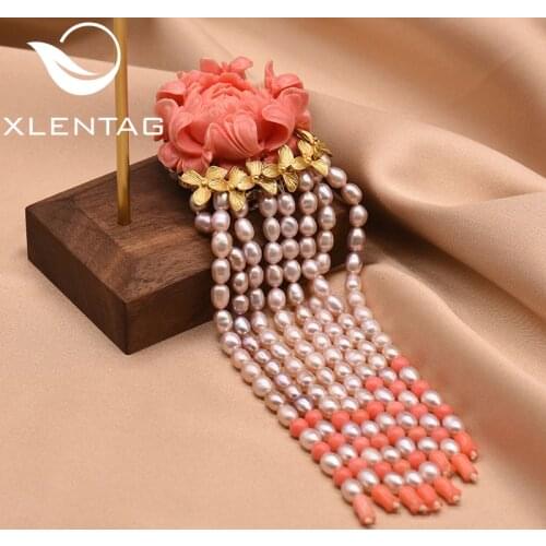 XlentAg Luxury Coral Flower Natural Fresh Water Pearl Tassel Brooches For Women Pendant Dual Use Handmade Fine Jewelry GO0040
