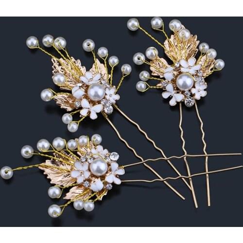 3Pcs Luxury Gold Pearl Rhinestone Bridal Hair Pin Women Hair Clip Leaf Headpiece Bridal Hair Jewelry Wedding Hair Accessories SL