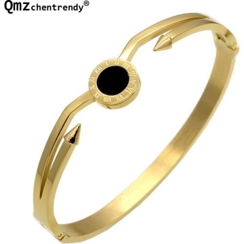 High Qualtiy Stainless Steel gold Steel Black Shell Bangle women Round Roman Numeral Women Nail Bracelets Double Arrow Bangle