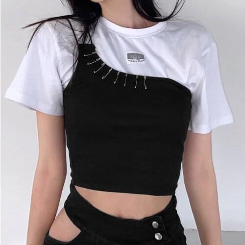 Gothic Patchwork Black T Shirt Summer Autumn Punk O Neck Short Sleeve Crop Top Women 2 Piece Tops Streetwear Basic Tees