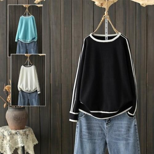 Oversized Loose Knitted Women Sweater Pullovers Summer Vintage 2021 O-Neck Striped Long-Sleeved Elegant Lady Pulls Outwear Tops