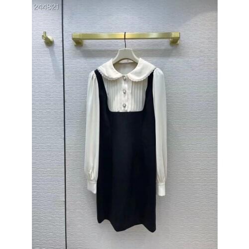 Fashion Runway Long Sleeve Mini Dresses Womens Elegant Party Color Patchwork Peter pan Collar Pearl Buttons Top Dress