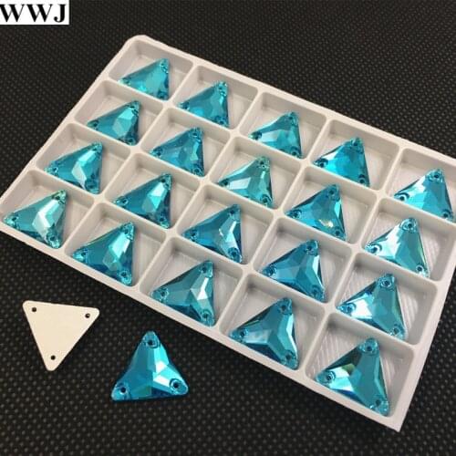 New 30Pcs 16mm Lake Blue Color Triangle Shape Glass Sew On Stone Flatback 3 Holes Sewing Rhinestones Jewelry Beads