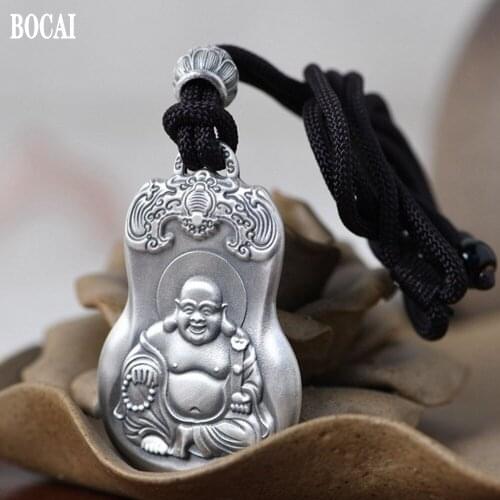 BOCAI new real s999 pure silver retro ethnic style, peace is a blessing, woman pendant bat gourd and Maitreya Buddha necklace
