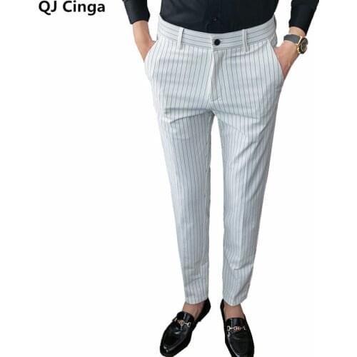 Autumn New White Striped Suit Pants Men Blue Black Trousers Fashion Slim Mens Pant Size 28-36 Pantalones Hombre